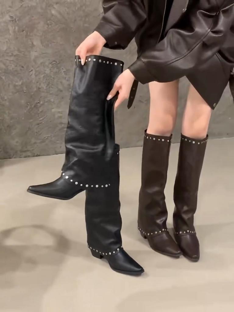 Eilyken Fashion Design Rivet Splicing Woman Knee-High Boots Autumn Winter Pointed Toe Square Heels Party Female Shoes