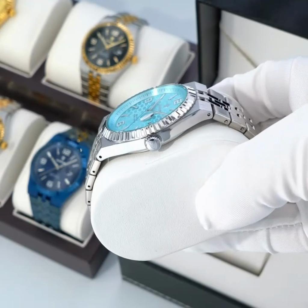 2025 New Men Watches Gorgeous Blue Gold 41mm Classic Clock Stainless Steel Diving Series Waterdrop Calendar Quartz Watch for Men