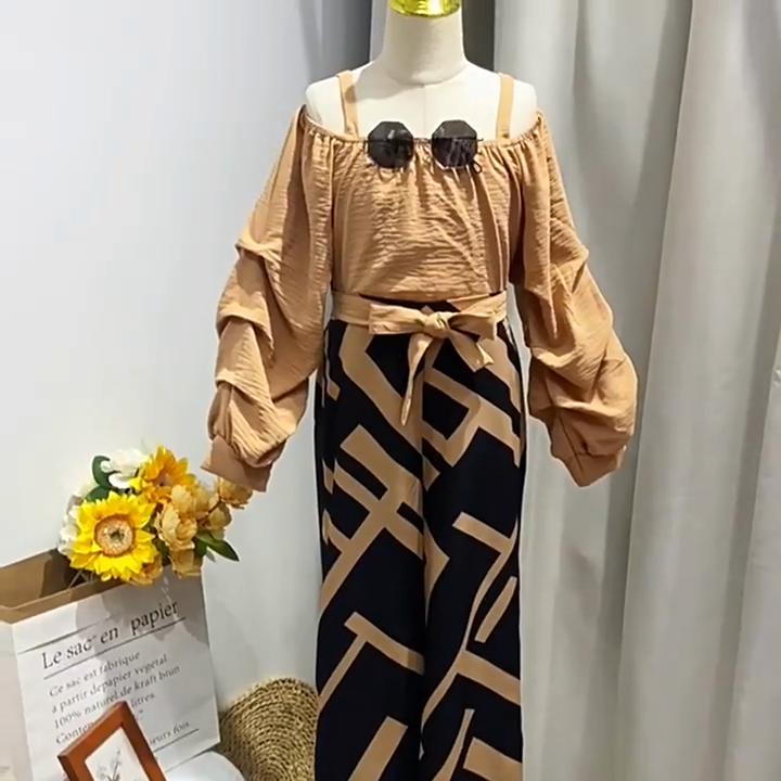 2024 Autumn New Girls 6-12 Years Old Suspender One Shoulder Long Sleeve Top Suit 2 Pcs