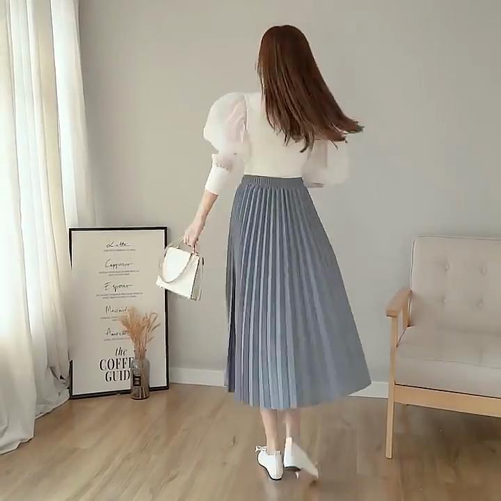 Qooth Elegant A Line Pleated Skirt Spring Summer Long Skirt Women Casual High Waisted Maxi Skirts JM0001