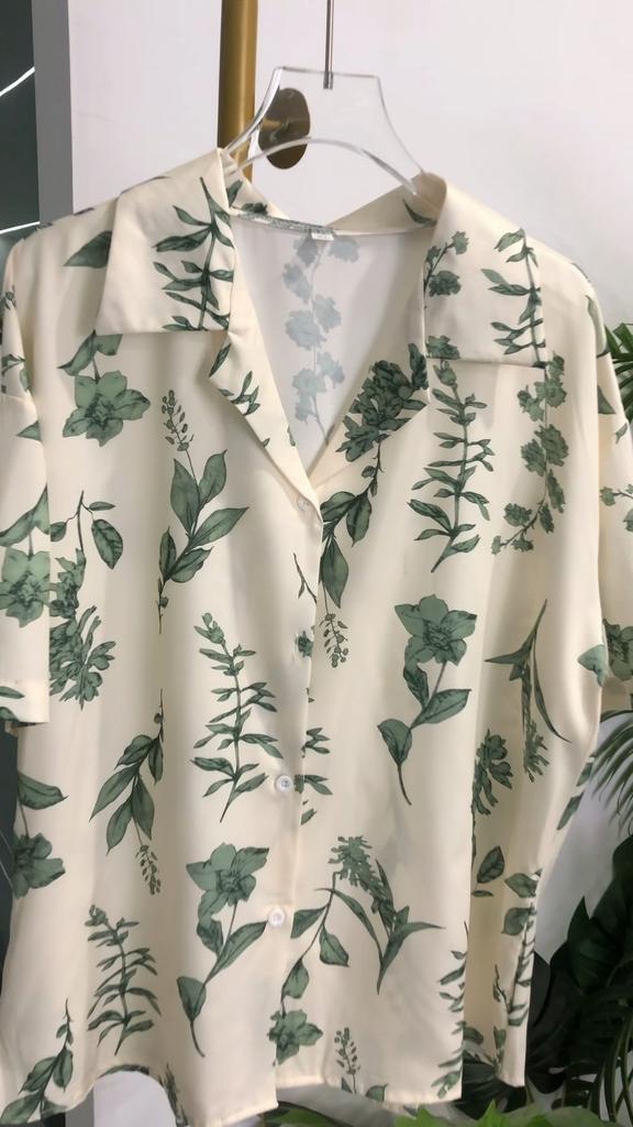 Leaf Printed Blouses Women Turn Down Collar Short Sleeve Elegant Shirts Casual Office Button Vintage Tops Autumn Blusas