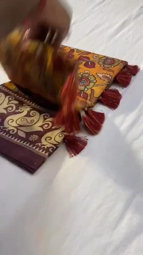 Soft Cotton  Chanderi Sarees with Kalamkari Digital Print Pattern Tassels Over the Saree.