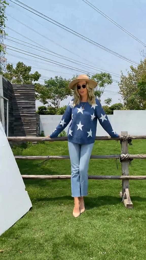 Crew Neck Plus Size Knitted, Women's Pullover Printed Knitted Sweater Pentagram Sweater