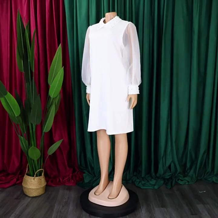 Spring and Autumn Women's Dress Plus Size Temperament Mesh Splicing Beading Loose Dresses