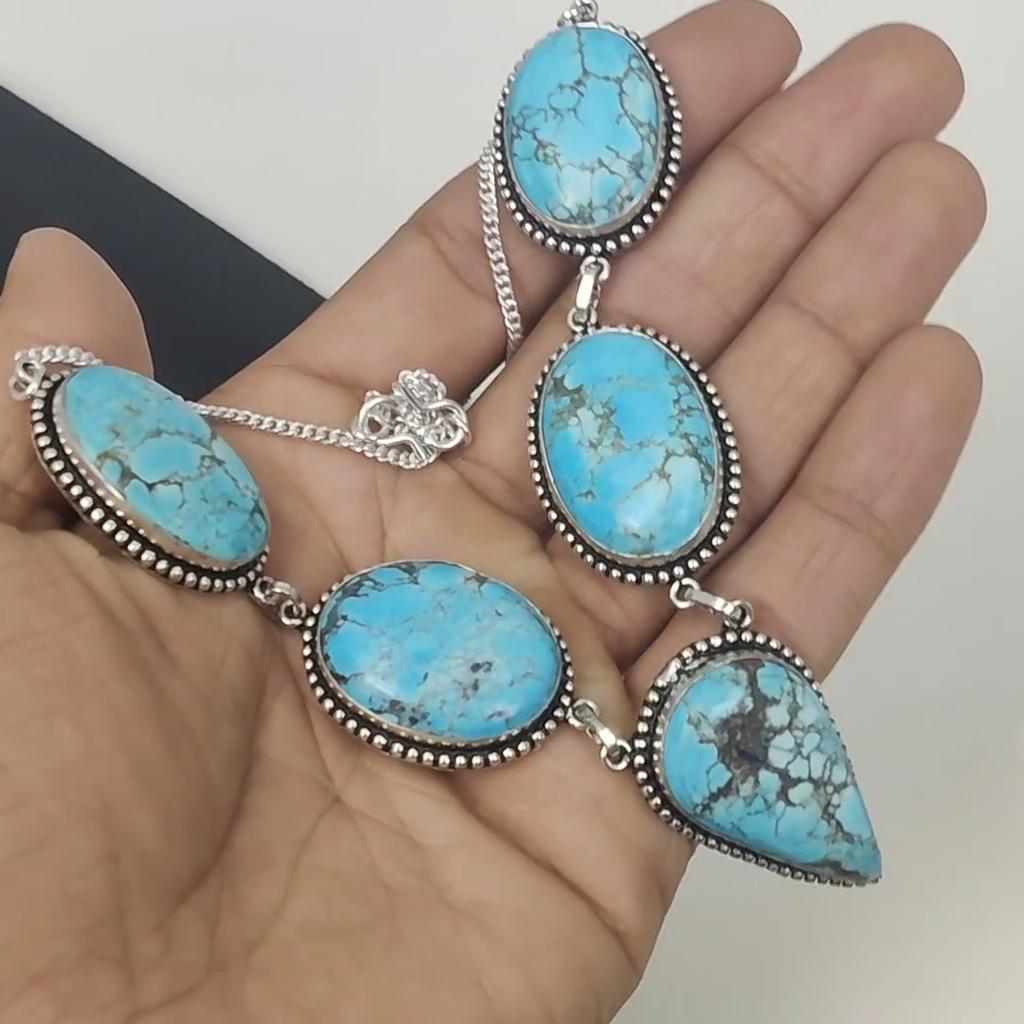 Tibetan Turquoise Real Gemstone Handmade 925 Sterling Silver Necklace, Silver Gemstone Necklace, Turquoise Necklace For Women, For Gifts